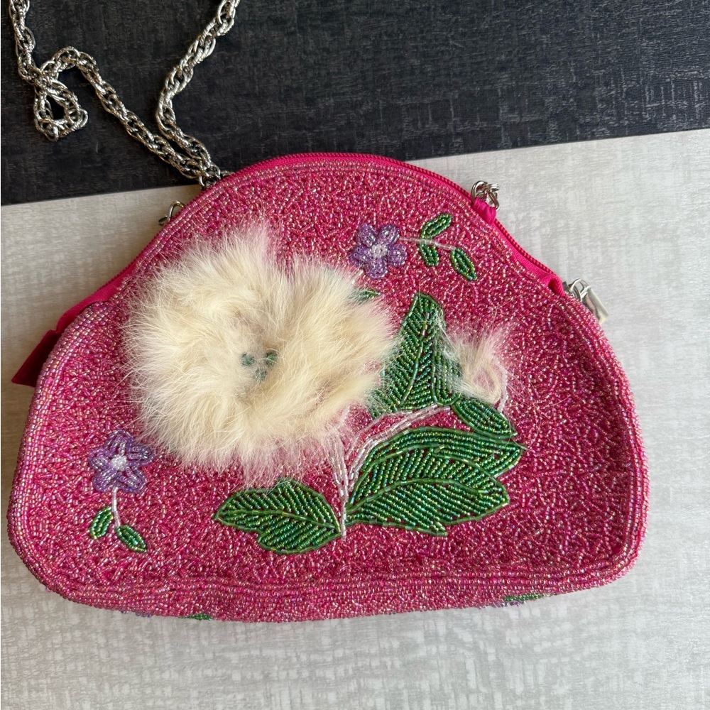 Pink beaded shoulder bag (similar to Mary Frances!) fully beaded with puffball - Picture 3 of 4